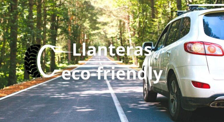 Foto de un coche circulando por una carretera rodeado de árboles haciendo referencia a las llanteras eco-friedly y los neumáticos ecológicos.